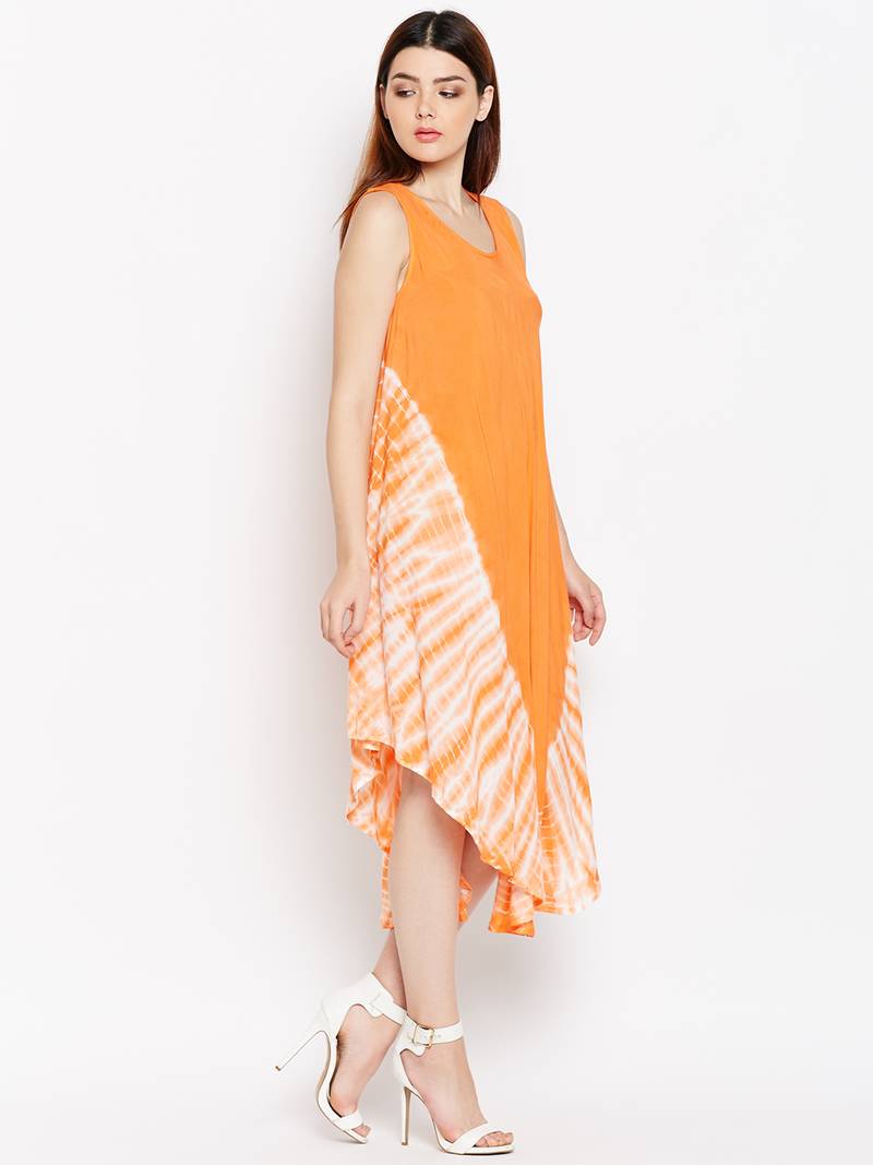 Women Orange and White Color Tye Die Rayon Dress