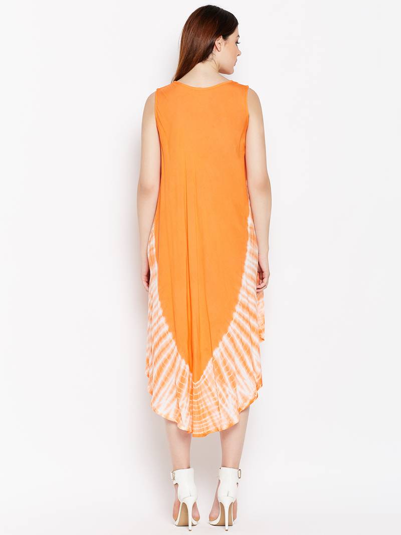 Women Orange and White Color Tye Die Rayon Dress