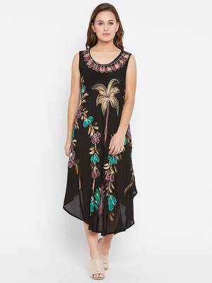 Women Black Color Hand Painted Rayon Dress 1
