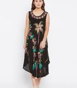Women Black Color Hand Painted Rayon Dress