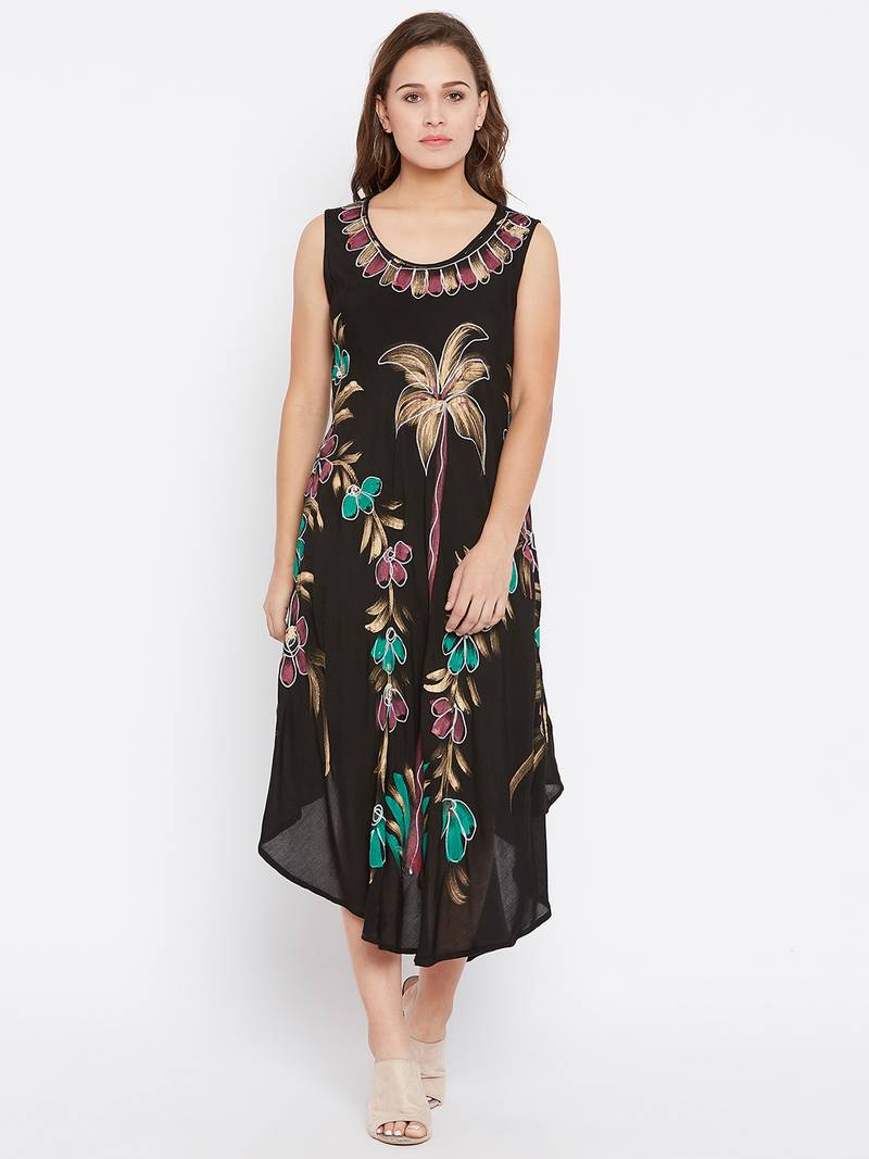 Women Black Color Hand Painted Rayon Dress