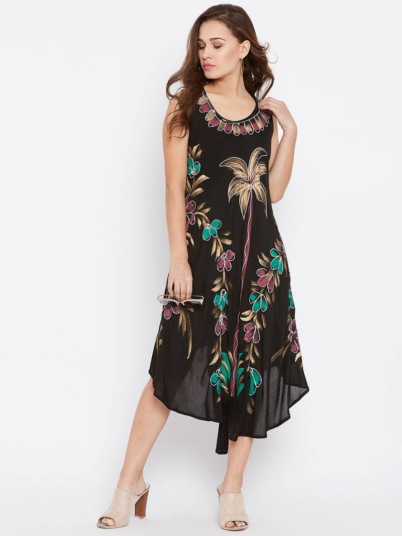 Women Black Color Hand Painted Rayon Dress