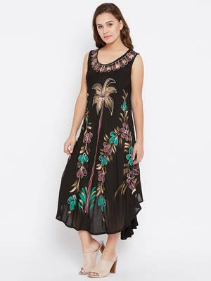Women Black Color Hand Painted Rayon Dress 3