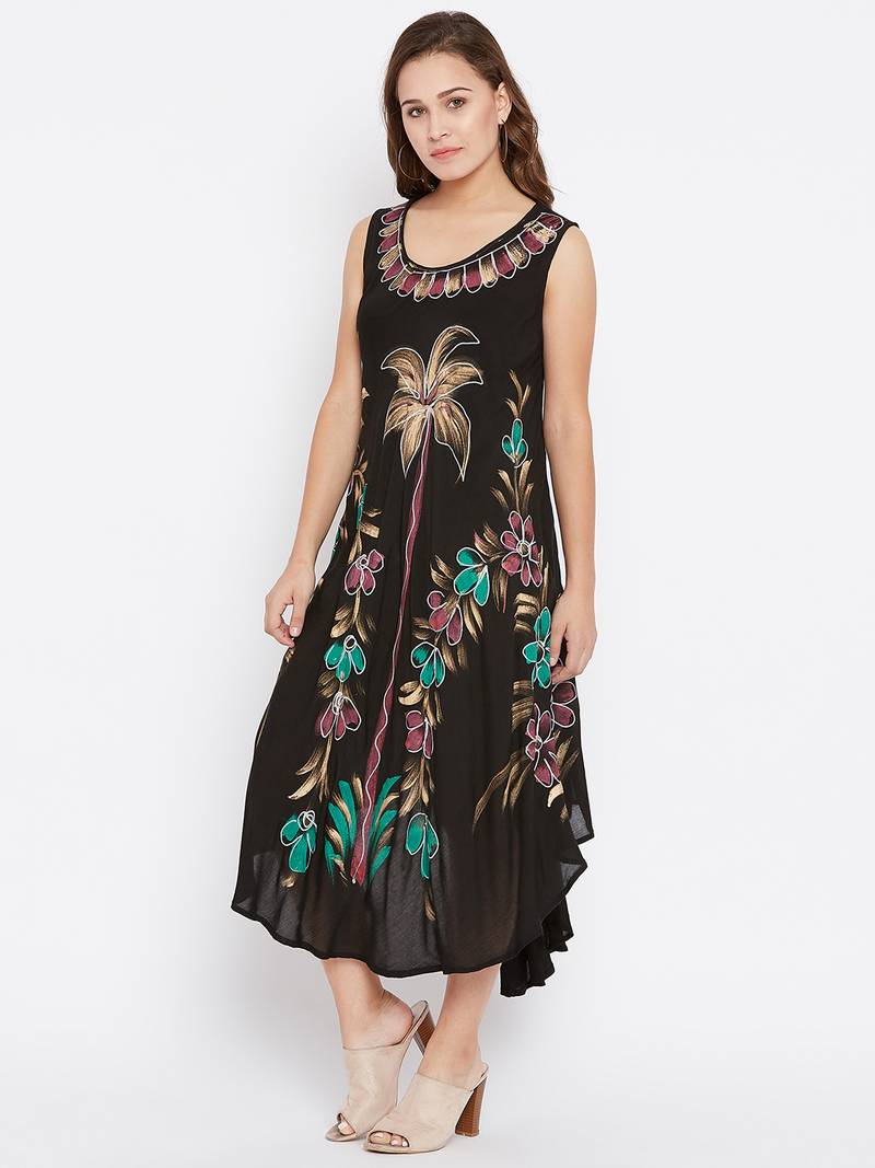 Women Black Color Hand Painted Rayon Dress