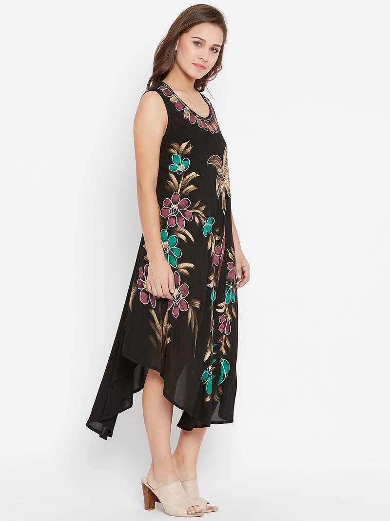 Women Black Color Hand Painted Rayon Dress