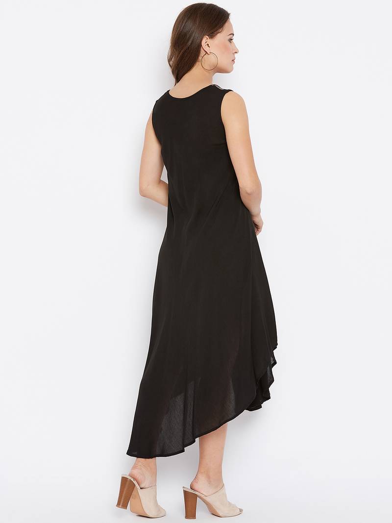 Women Black Color Hand Painted Rayon Dress