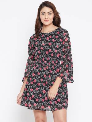 Women Black Color Floral Printed Georgette With Cotton lining Knee Length Dress 1