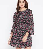 Women Black Color Floral Printed Georgette With Cotton lining Knee Length Dress