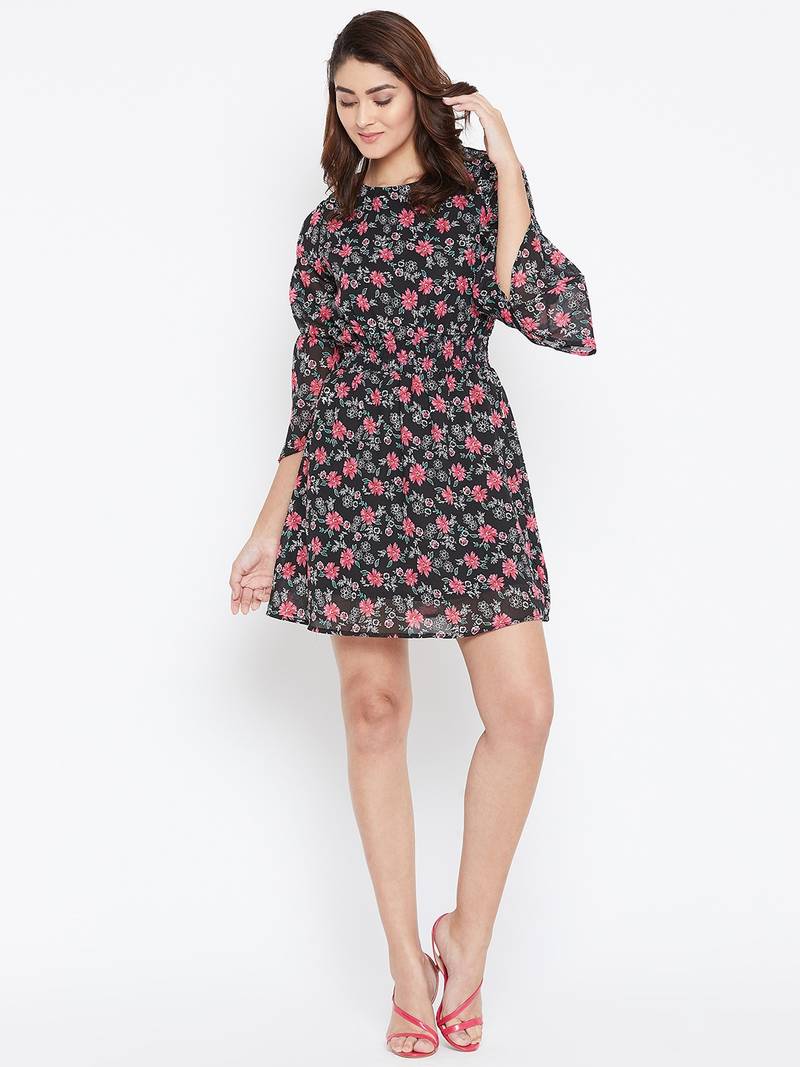 Women Black Color Floral Printed Georgette With Cotton lining Knee Length Dress