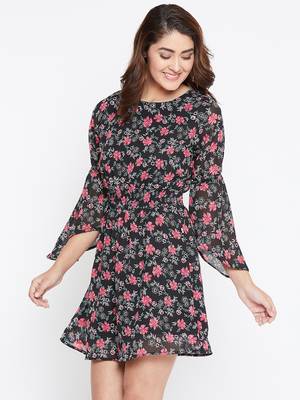 Women Black Color Floral Printed Georgette With Cotton lining Knee Length Dress 3