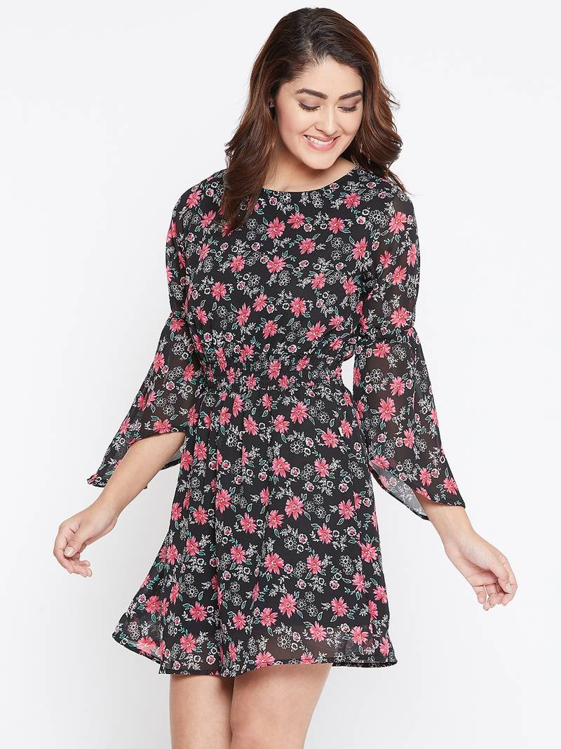 Women Black Color Floral Printed Georgette With Cotton lining Knee Length Dress