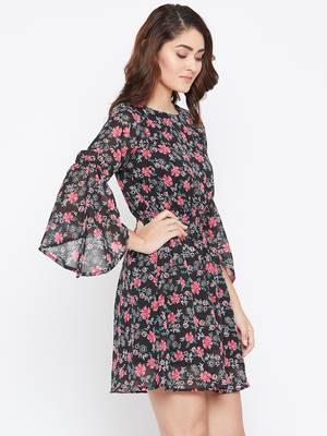 Women Black Color Floral Printed Georgette With Cotton lining Knee Length Dress 4