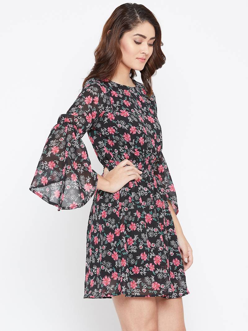 Women Black Color Floral Printed Georgette With Cotton lining Knee Length Dress