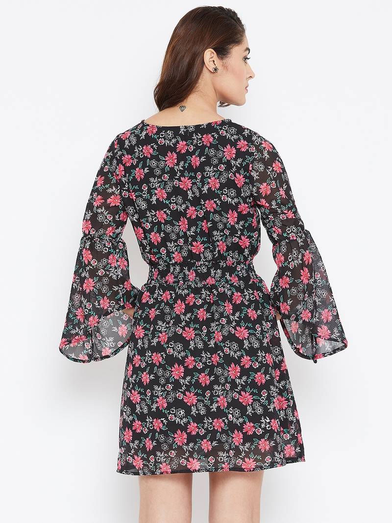 Women Black Color Floral Printed Georgette With Cotton lining Knee Length Dress