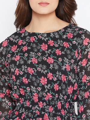 Women Black Color Floral Printed Georgette With Cotton lining Knee Length Dress 6