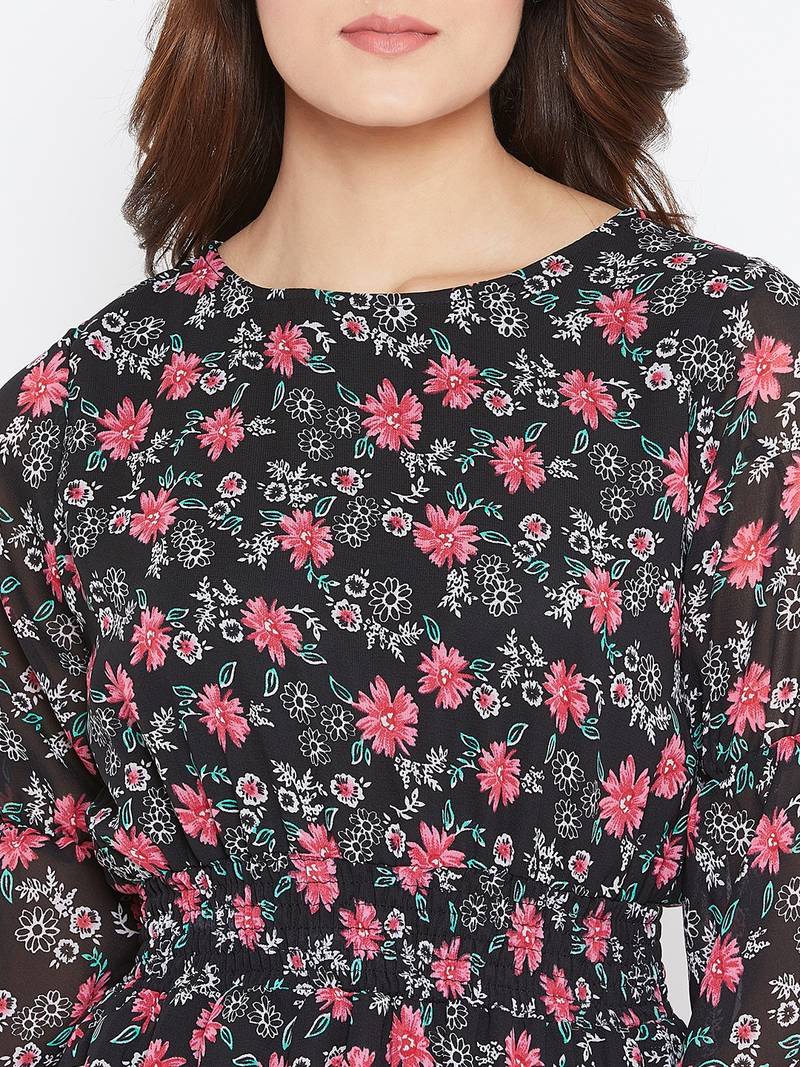 Women Black Color Floral Printed Georgette With Cotton lining Knee Length Dress