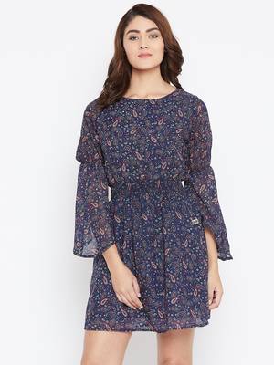 Women blue and Multi Color Paisley Printed Georgette With Cotton lining Knee Length Dress 1