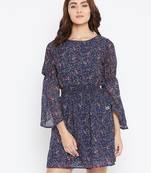 Women blue and Multi Color Paisley Printed Georgette With Cotton lining Knee Length Dress