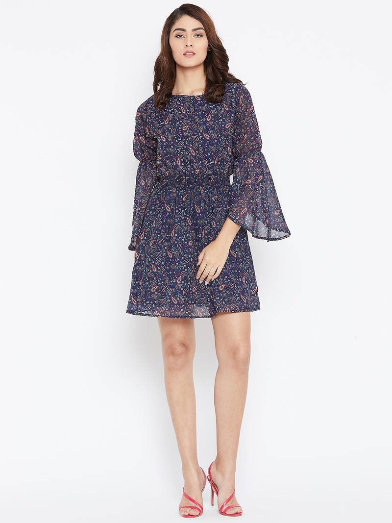 Women blue and Multi Color Paisley Printed Georgette With Cotton lining Knee Length Dress