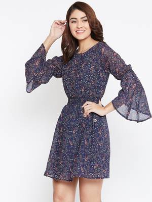 Women blue and Multi Color Paisley Printed Georgette With Cotton lining Knee Length Dress 3