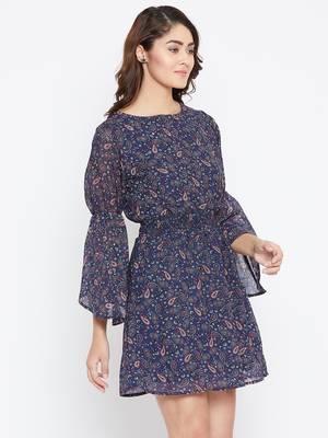 Women blue and Multi Color Paisley Printed Georgette With Cotton lining Knee Length Dress 4