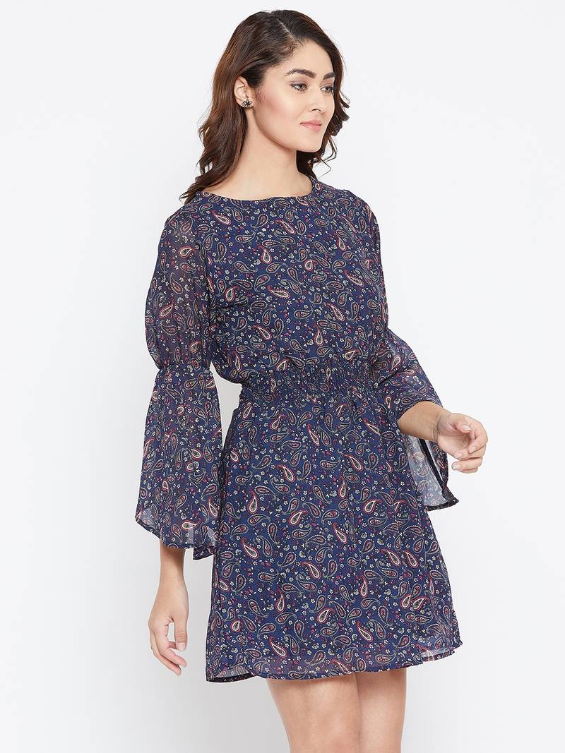 Women blue and Multi Color Paisley Printed Georgette With Cotton lining Knee Length Dress