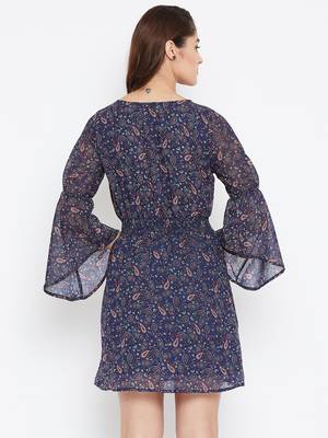 Women blue and Multi Color Paisley Printed Georgette With Cotton lining Knee Length Dress 5
