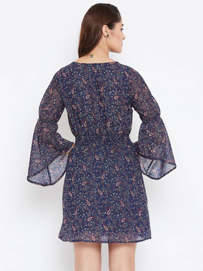 Women blue and Multi Color Paisley Printed Georgette With Cotton lining Knee Length Dress