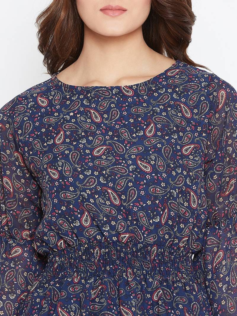 Women blue and Multi Color Paisley Printed Georgette With Cotton lining Knee Length Dress