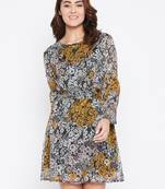 Women Off White and Mustard Color Floral Printed Georgette with cotton lining Knee Length Dress
