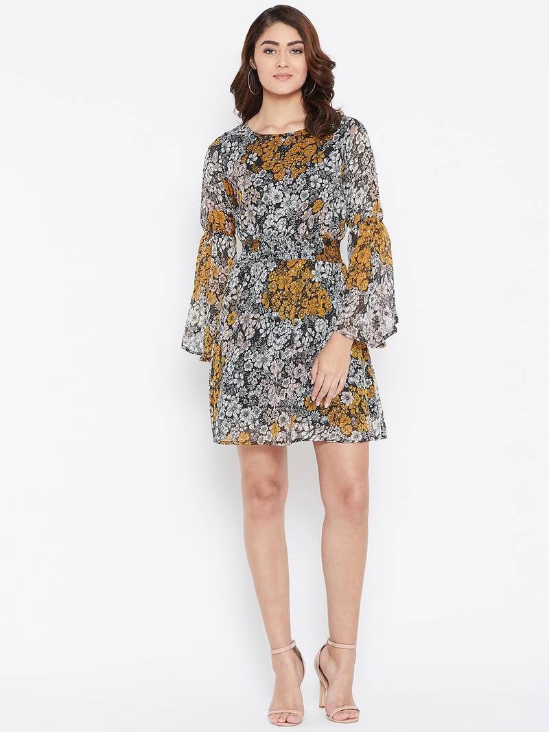 Women Off White and Mustard Color Floral Printed Georgette with cotton lining Knee Length Dress