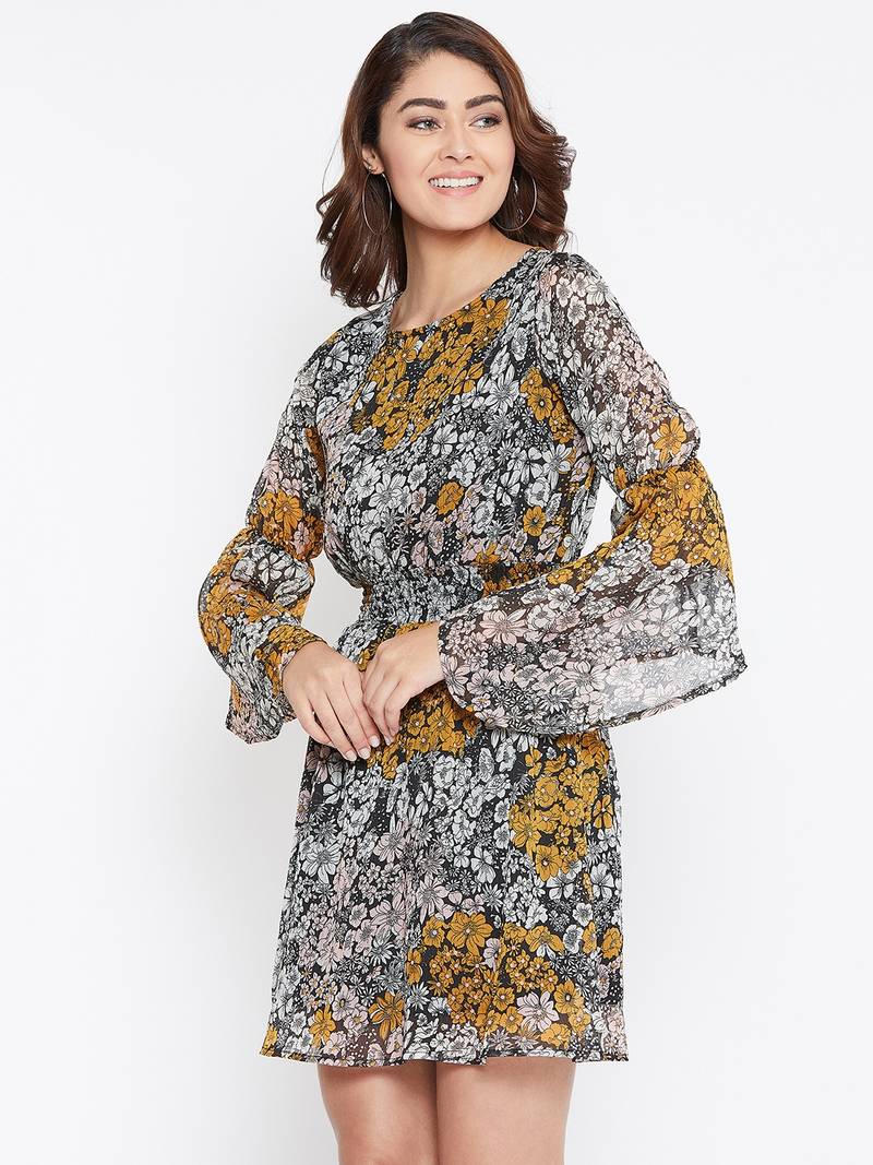 Women Off White and Mustard Color Floral Printed Georgette with cotton lining Knee Length Dress
