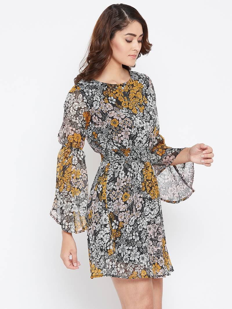 Women Off White and Mustard Color Floral Printed Georgette with cotton lining Knee Length Dress