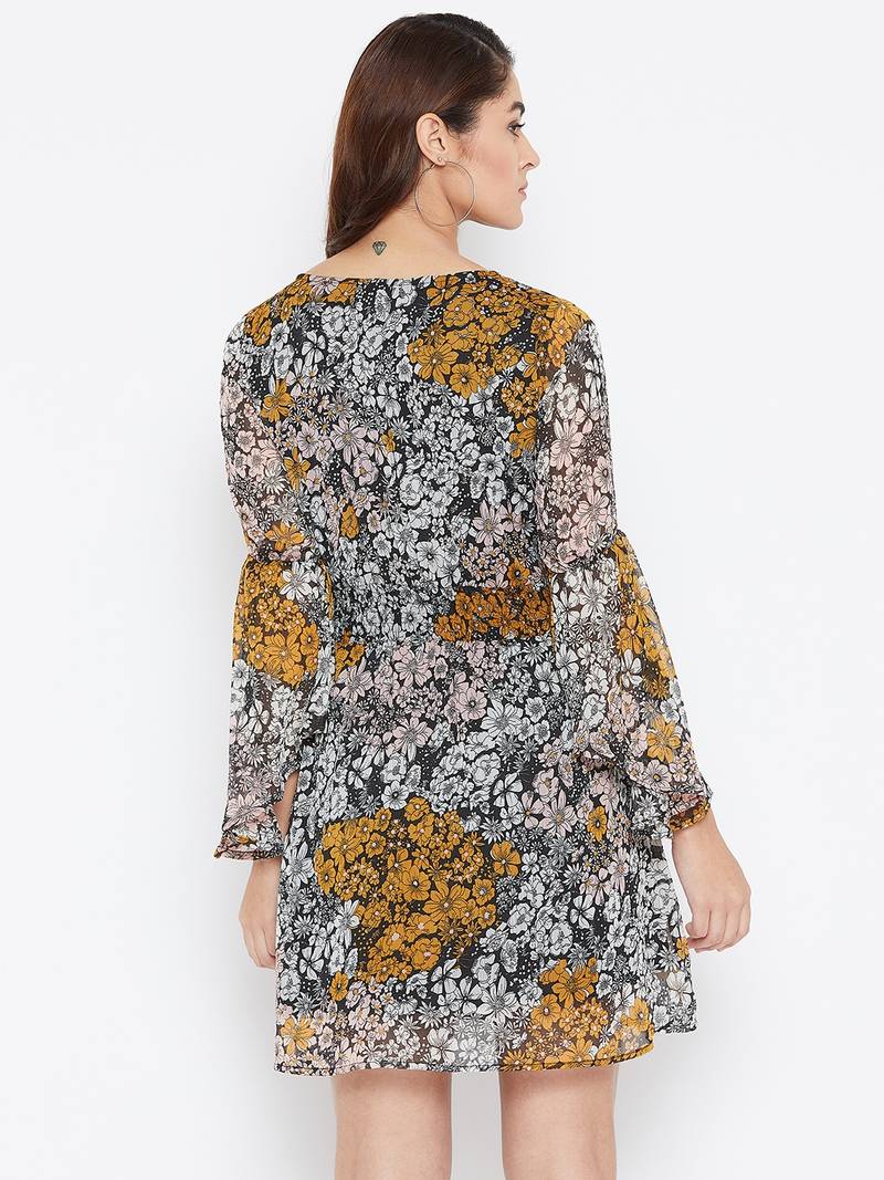 Women Off White and Mustard Color Floral Printed Georgette with cotton lining Knee Length Dress