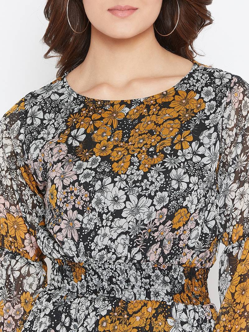 Women Off White and Mustard Color Floral Printed Georgette with cotton lining Knee Length Dress