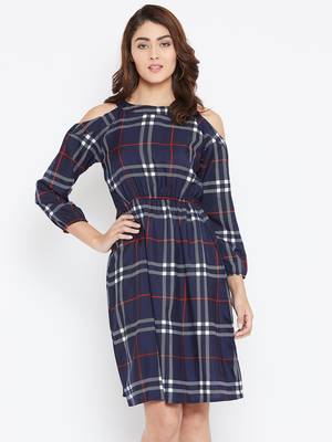 Women blue Color Checked Printed Crepe Knee Length Dress 1