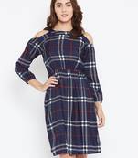 Women blue Color Checked Printed Crepe Knee Length Dress