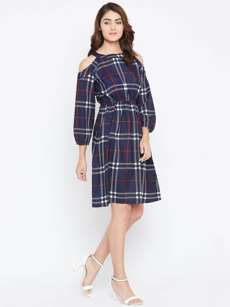 Women blue Color Checked Printed Crepe Knee Length Dress