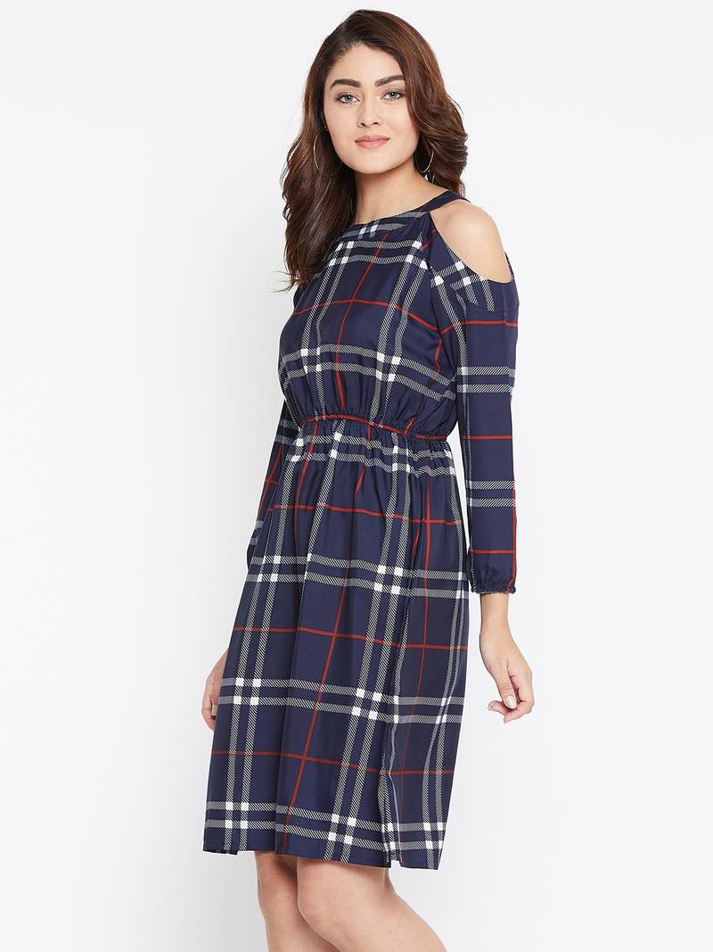 Women blue Color Checked Printed Crepe Knee Length Dress