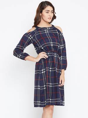 Women blue Color Checked Printed Crepe Knee Length Dress 4