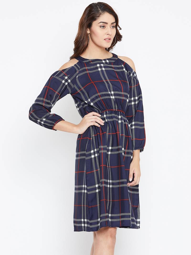 Women blue Color Checked Printed Crepe Knee Length Dress