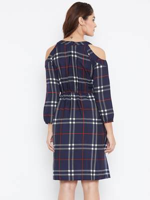 Women blue Color Checked Printed Crepe Knee Length Dress 5
