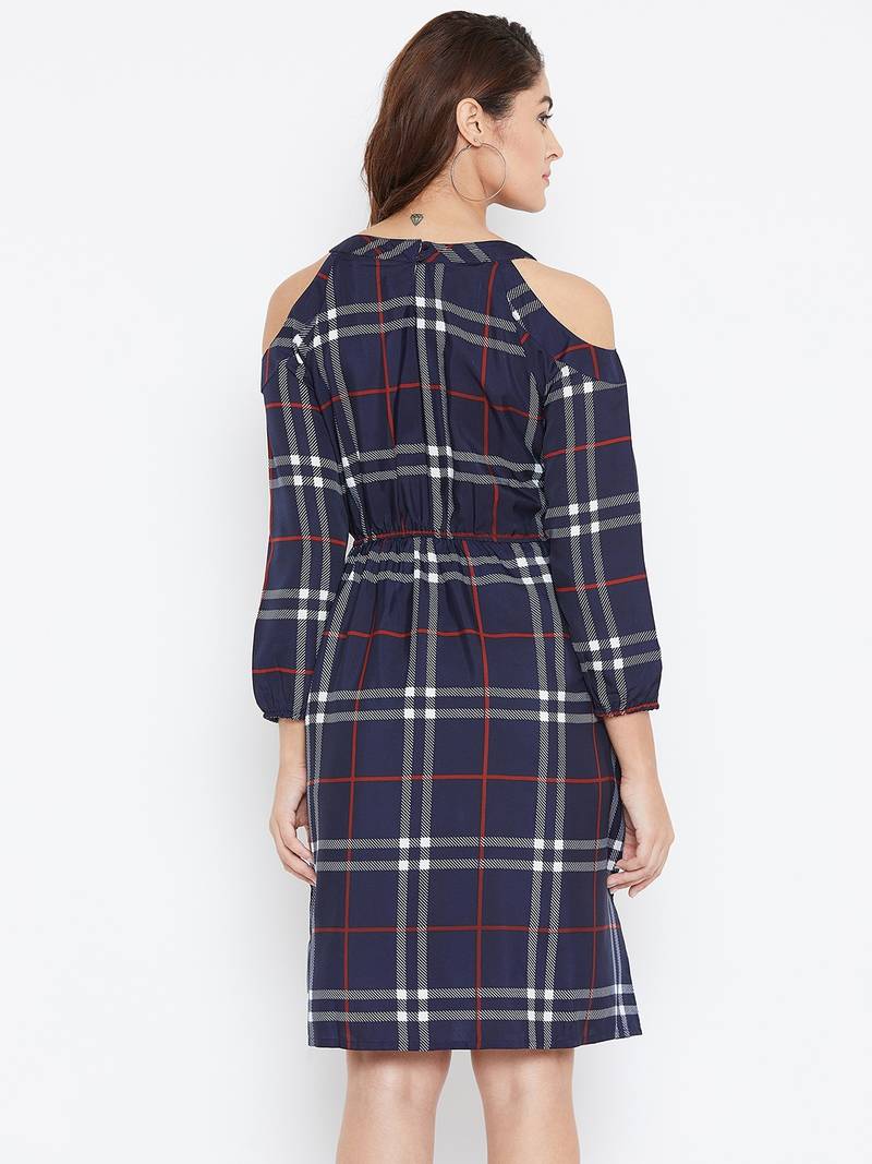 Women blue Color Checked Printed Crepe Knee Length Dress