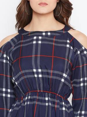 Women blue Color Checked Printed Crepe Knee Length Dress 6