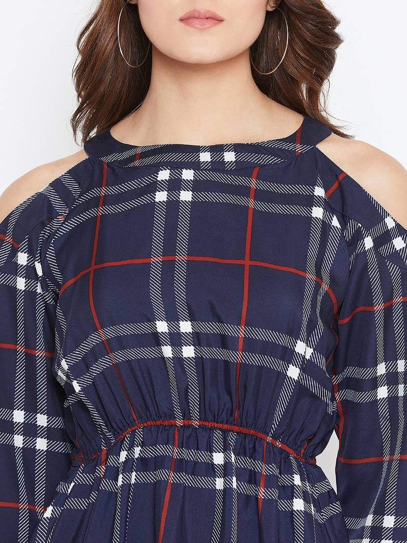 Women blue Color Checked Printed Crepe Knee Length Dress