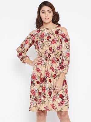 Women Cream and Multicolor Floral Printed Crepe Knee Length Dress 1