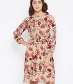 Women Cream and Multicolor Floral Printed Crepe Knee Length Dress