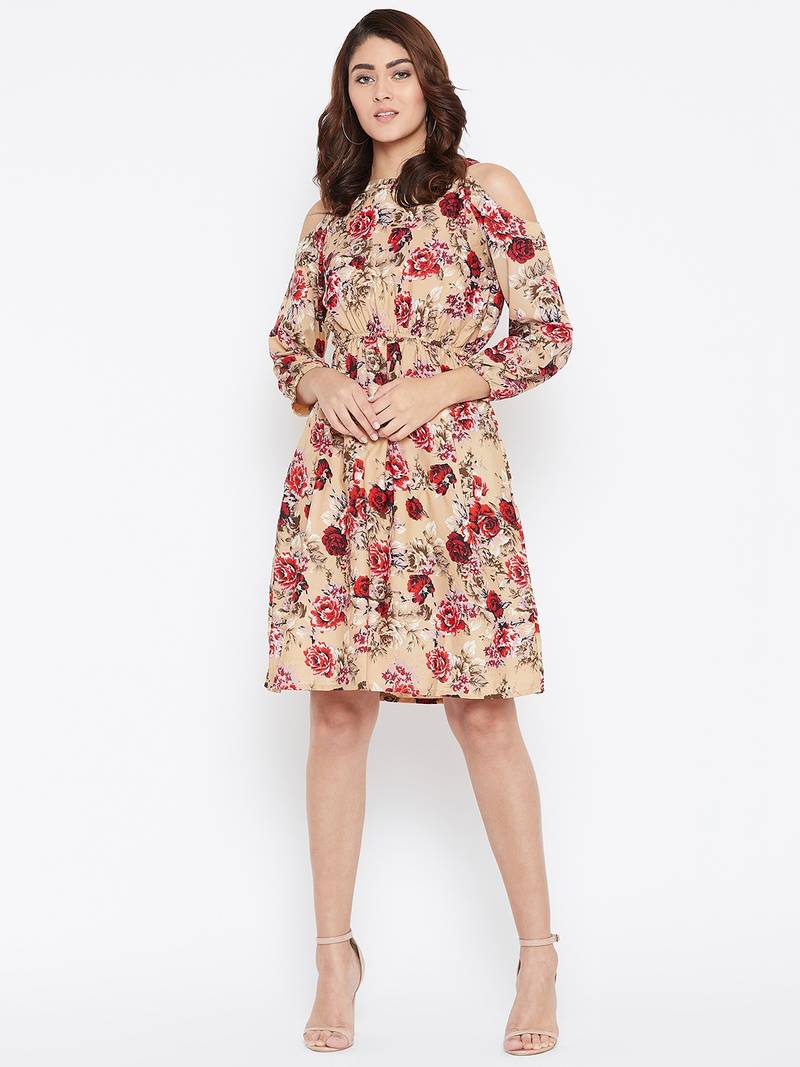Women Cream and Multicolor Floral Printed Crepe Knee Length Dress