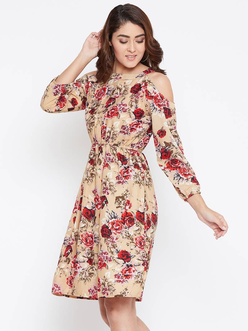 Women Cream and Multicolor Floral Printed Crepe Knee Length Dress