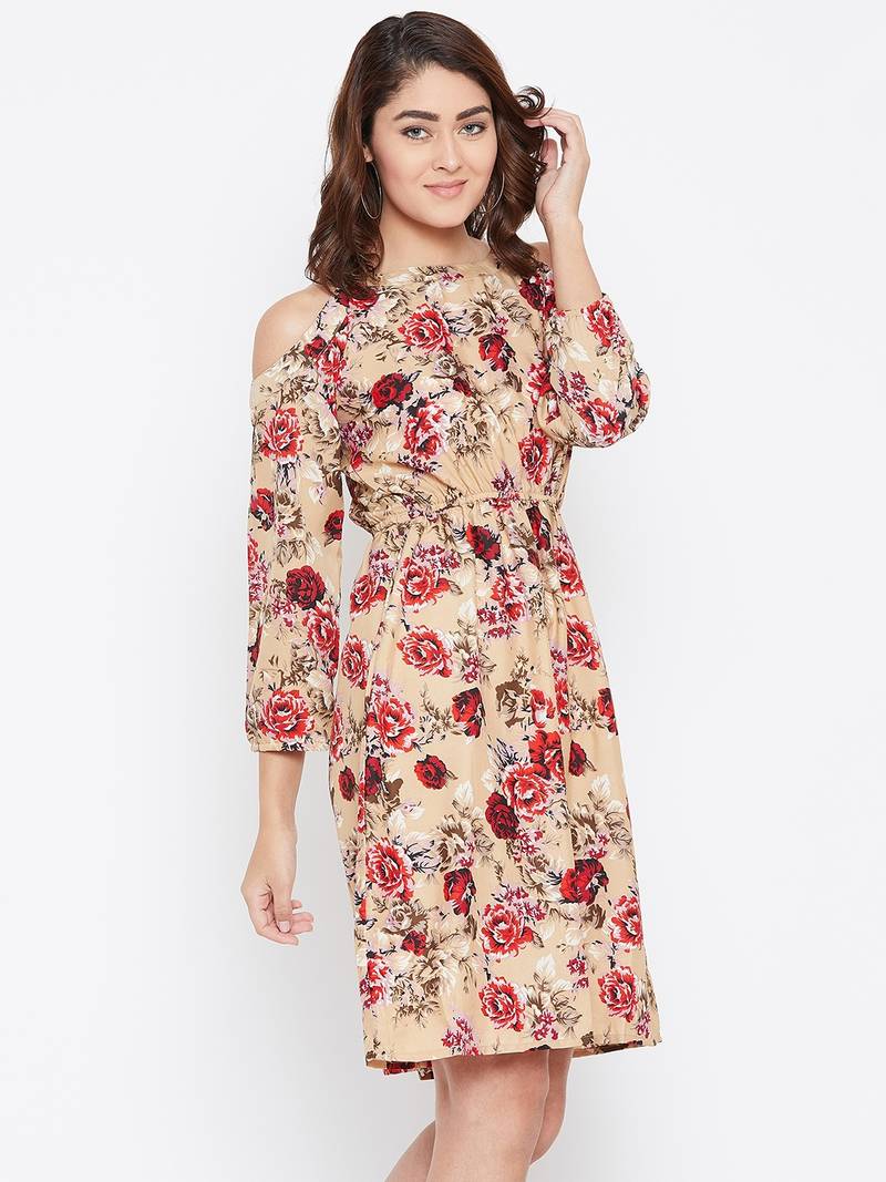 Women Cream and Multicolor Floral Printed Crepe Knee Length Dress